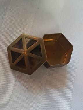 Hexagonal Brass Trinket Box with Lattice Lid